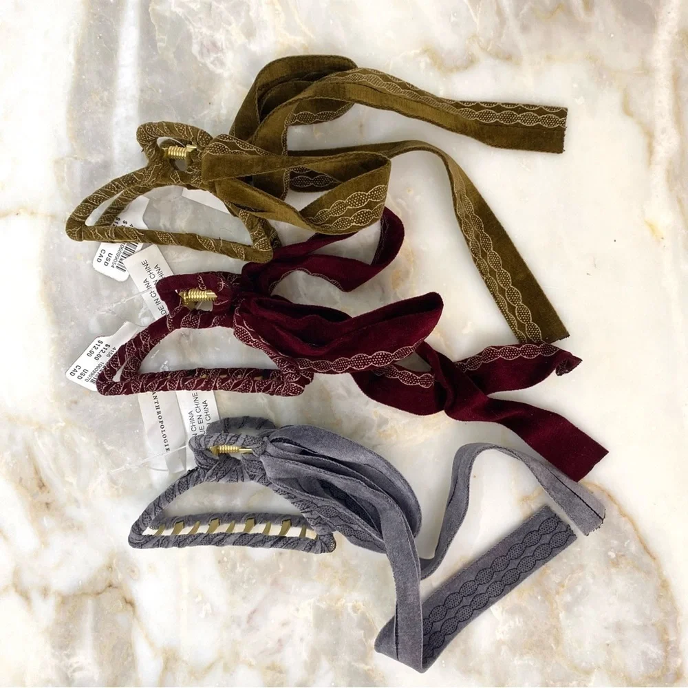 Anthropologie Set of 3 Ribbon Gold Claw Hair Clips Olive + Gray + Burgundy NWT